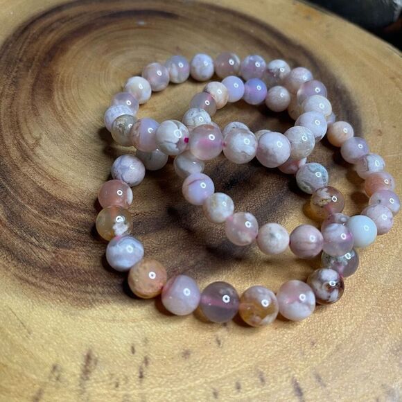 Pink green Flower Agate stretch beaded bracelet 7” crystal healing beads 8mm ONE - Picture 7 of 7